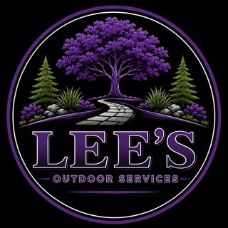 Lees Outdoor Services logo featuring a purple tree, stone pathway, evergreens, and shrubs in a circular purple-framed design