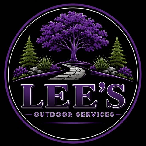 Lees Outdoor Services logo featuring a purple tree, stone pathway, evergreens, and shrubs in a circular purple-framed design
