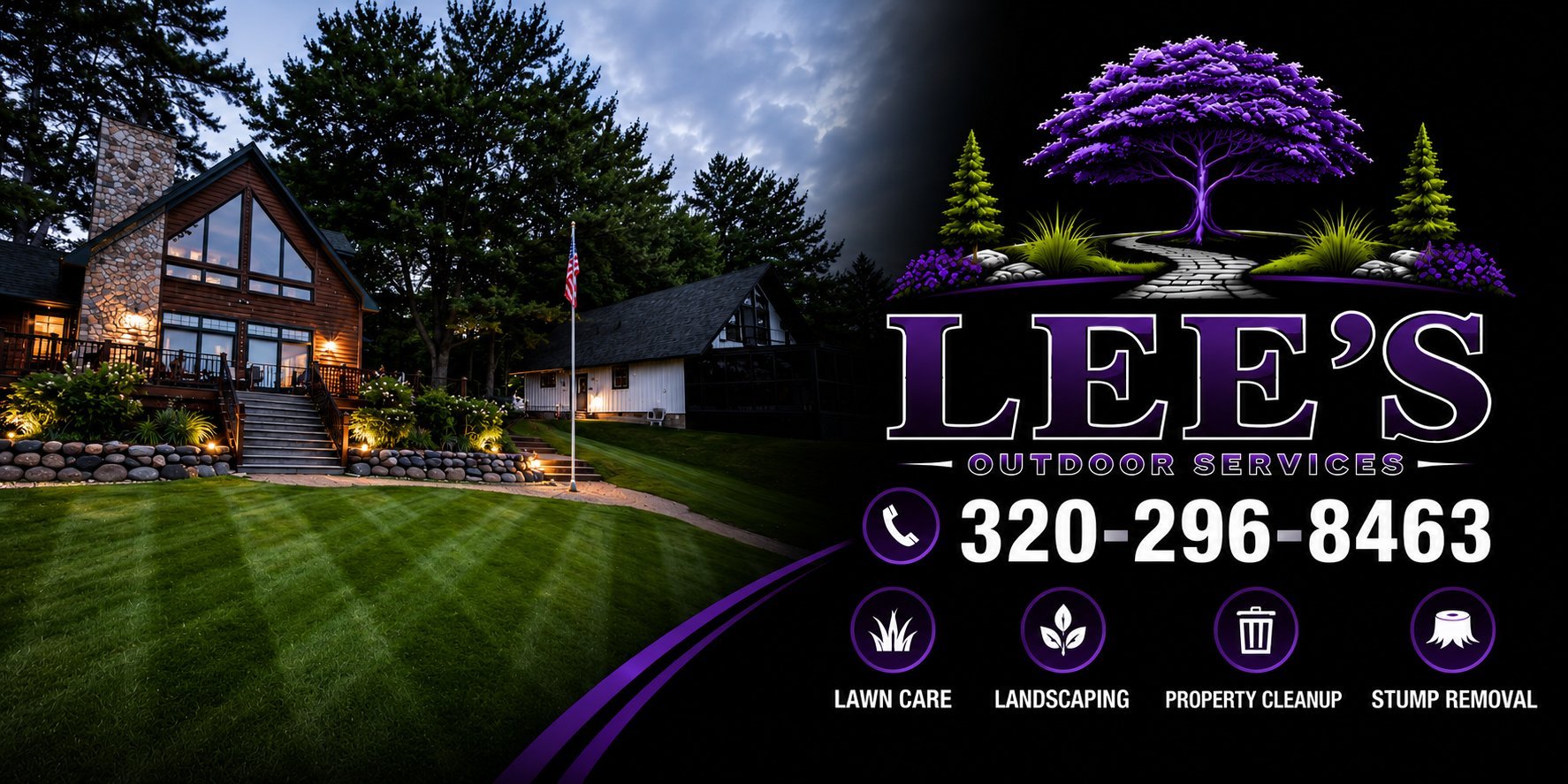 Lees outdoor services logo and contact info with illuminated modern home and landscaped lawn