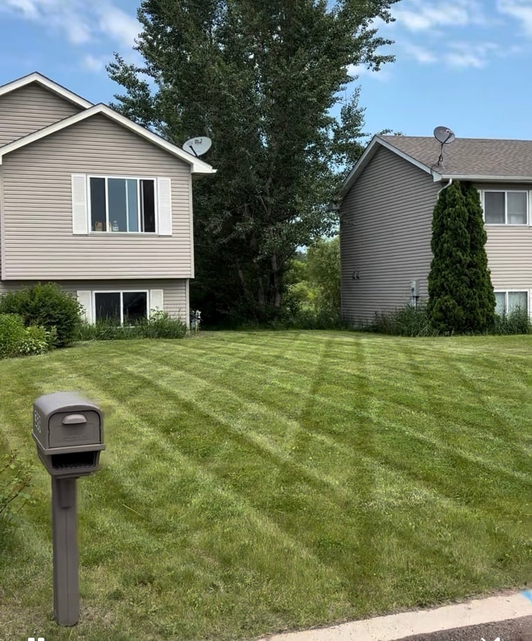 Two residential houses with striped lawn and mailbox in foreground on a sunny day